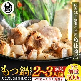 【ふるさと納税】もつ増量500g 満足 もつ鍋セット2～3人前セット あごだし 醤油仕立て【魚住商店】_HA1588 送料無料 ホルモン たっぷり 美味しい 宗像市 パーティー お祝い 家族団らん