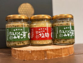 【ふるさと納税】にんにくの芽みそ120g×2本　にんにく塩麹130g×1本（自然栽培のにんにくシリーズ）【むなかたひかり】_HA1598 送料無料宗像市 調味料 お手軽 美味しい 保存料不使用 セット