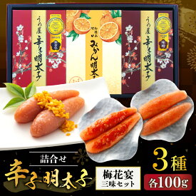 【ふるさと納税】【一週間以内に発送】辛子明太子詰合せ3種×100g【梅花宴三味セット】（有田市×宗像市特産品コラボ みかん明太子入り【うめ屋】）_HA0011 送料無料福岡県 宗像市 冷蔵 14日 めんたいこ 300g モンドセレクション金賞受賞 無着色辛子明太子 みかん明太子