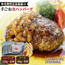 【ふるさと納税】【ご家庭用】糸島一人気の黒毛和牛と糸島豚の手ごね生ハンバーグ 特製角切りオニオンのハンバーグソース付！冷凍真空パック 150g×6個 個包装【CHAMP CAFE】 [AQE010] 26000円 2万6千円