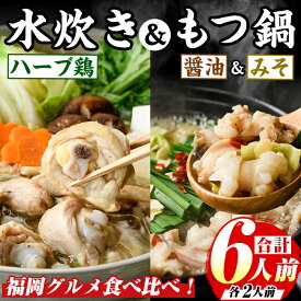 【ふるさと納税】博多名物！鶏水炊き&もつ鍋2種≪醤油味・みそ味≫満腹食べ比べ(計6人前・各2人前) 福岡 鶏肉 鳥肉 お肉 肉 水炊き みずたき もつ もつ鍋 ホルモン 牛 鍋 鍋セット セット 醤油 しょうゆ 味噌 みそ 鶏もも 骨付き もみじおろし ポン酢 米麺【マル五】