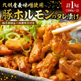 【ふるさと納税】【レビューキャンペーン対象】 豚ホルモン タレ漬け 500g × 2 合計 1kg ホルモン 国産 小腸 こだわり 九州産 麦味噌使用 柚子胡椒 一味唐辛子 付き 美味しい 晩御飯 おつまみ お好み調理 道の駅しんよしとみ ペグコーポレーション 福岡県 上毛町 送料無料