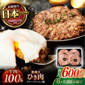 【ふるさと納税】【6回定期便】 【粗びき！牛肉100%！】長崎和牛 A5 ひき肉(フランスハンバーグ ステークアッシェ風) 600g(150g×4) / ひき肉 挽肉 ひきにく ハンバーグ はんばーぐ 牛肉100% 国産 人気 小分け / 諫早市 / 野中精肉店[AHCW123]