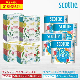 【ふるさと納税】 ＼レビューキャンペーン開催中／ 【定期便6回】 【毎月お届け】 【スコッティ】 ティシュー フラワーボックス 250組（5箱パック×2セット・3箱パック×2セット）＋フラワーパック 3倍長持ち（4ロール(シングル)パックx4セット） 日用品 ストック 送料無料