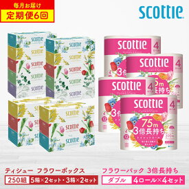 【ふるさと納税】 ＼レビューキャンペーン開催中／ 【定期便6回】 【毎月お届け】 【スコッティ】 ティシュー フラワーボックス 250組（5箱パック×2セット・3箱パック×2セット）＋フラワーパック 3倍長持ち（4ロール(ダブル)パックx4セット）日用品 ストック 送料無料