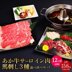 【ふるさと納税】 【定期便12か月】あか牛 すきやき・しゃぶしゃぶ用 サーロイン肉 馬刺し 食べ比べセット 合計15.6kg 1.3kg×12回 サーロイン肉1kg（500g×2パック）馬刺し300g 牛肉 赤牛 馬肉 刺し身 赤身 たてがみ 熊本県産 九州産 国産 冷凍 送料無料