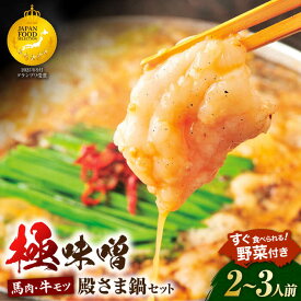 【ふるさと納税】“お鍋さえあれば直ぐに食べれる”ガツンと男前　特製味噌スープ「殿さま鍋」(濃厚特製味噌味野菜付き2〜3人前)【オルガニコ山鹿】[ZFH001] もつ鍋 鍋 セット 馬肉 牛もつ ホルモン 味噌 スープ 国産 熊本県 山鹿