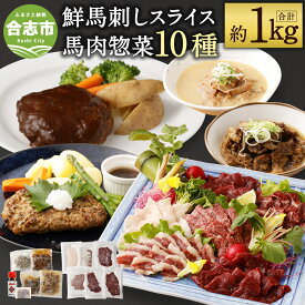 【ふるさと納税】鮮馬刺しスライス&馬肉惣菜 合計約1kg 10種セット 馬刺しのたれ付き 馬刺し 惣菜 詰め合わせ 10種類 ハンバーグ 馬スジ 馬もつ 真空パック セット 食べ比べ 冷凍 熊本県 合志市 送料無料