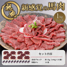 【ふるさと納税】馬肉 赤身 1kg 1000g＜出荷月指定あり＞ 特許製法 氷温熟成 低温調理 加熱済 馬赤身 赤身肉 新感覚 レア 食感 焼いたらもっと美味しい 旨みたっぷり 小分け 専用醤油 タレ付 真空パック 名物 熊本 阿蘇 小国町 送料無料【地場産品基準：類型3】