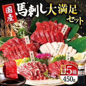 【ふるさと納税】国産 大満足ボリューム「大満足セット」合計450g 上赤身 (約50g×3パック) 大トロ (約50g×1パック) 中トロ (約50g×1パック) たてがみ (約50g×1パック) 馬ヒレ (約50g×3パック) 醤油 (80ml×1本) 馬刺し 冷凍 送料無料