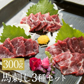 【ふるさと納税】【阿蘇牧場】 阿蘇馬 馬刺し3種 霜降り入 赤身・大トロ・トロ 計約300g （約100g×3パック） 専用醤油付き：150ml×1本 馬刺 馬肉 お肉 霜降り おつまみ つまみ甘口醤油 しょうゆ 冷凍 セット パック 熊本県産 国産 九州 熊本県 益城町 送料無料