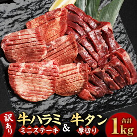 【ふるさと納税】 訳あり 厚切り 牛ハラミ ミニステーキ ＆ 厚切り 牛タン セット 合計1kg 14400円 1万4400円 肉 お肉 牛 牛肉 ハラミ タン タン肉 ステーキ 焼肉 焼き肉 塩味 不揃い 食品 冷凍 熊本県 湯前町 送料無料