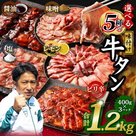 【ふるさと納税】選べる5種の味付け牛タン 400g×3P 計1.2kg ( 塩味 / レモン味 / 醤油味 / 味噌味 / ピリ辛味 ) | 13000円 1万3000円 薄切り 肉 お肉 牛 牛肉 牛タン 牛たん タン スライス 味付け 味付け肉 焼肉 時短 おかず グルメ 冷凍 熊本県 水上村 送料無料