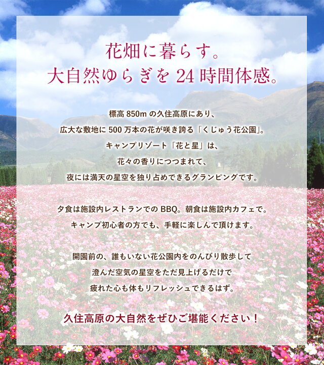 楽天市場 ふるさと納税 くじゅう花公園 グランピング 花と星宿泊補助券 30 000円分 キャンピングリゾート 宿泊 利用券 チケット 体験 自然 リラクゼーション テント キャンプ 旅行 記念日 バーベキュー 大分県 竹田市 久住 送料無料 大分県竹田市