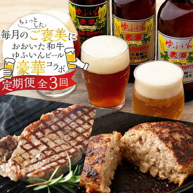 【ふるさと納税】【定期便 全3回】毎月のご褒美に♪おおいた和牛・ゆふいんビール の豪華コラボ定期便（和牛ハンバーグ10個・ビール6本・サーロインステーキ3枚）