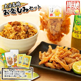 【ふるさと納税】＜大分名物お楽しみセット＞鶏めしの素 2合用（230g）×2袋・カボスの涙 120ml×1本・鶏皮塩から揚げ 70g×2袋 | 鶏めしの素 鶏皮 時短料理 調味料 カボス おつまみ セット 詰め合わせ なつま屋 お取り寄せ 取り寄せ 送料無料 人気 湯布院 由布院 ゆふいん