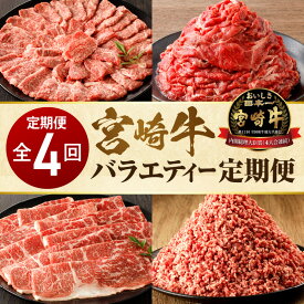 【ふるさと納税】【定期便】全4回 宮崎牛 バラエティー定期便 定期 牛肉 肉 お肉 国産牛 ブランド牛 牛 国産 カルビ 切り落とし ミンチ モモ スライス ひき肉 焼肉 しゃぶしゃぶ すき焼き BBQ 料理 アレンジ 便利 パック 食品 赤身 精肉 ご褒美 宮崎県 宮崎市 送料無料