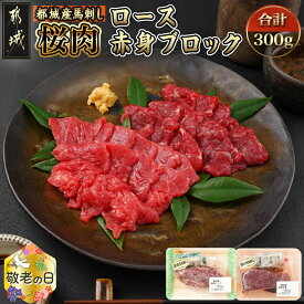 【ふるさと納税】【敬老の日】都城産「桜肉」馬刺し ロース・赤身ブロック300gセット≪9月13日〜16日お届け≫ - ロースブロック 赤身ブロック 各150g×1 真空 醤油・生姜の小袋付き 桜肉 ギフト 送料無料 MJ-0119-KG【宮崎県都城市は令和4年度ふるさと納税日本一！】