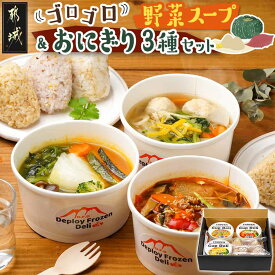 【ふるさと納税】レンジで温めるだけ！ゴロゴロ野菜のスープ＆おにぎり3種セット - スープカレー ゆず塩鶏団子スープ ユッケジャンスープ 玄米/十六穀/もち麦 おにぎり 1人暮らし 新生活 約3食分 冷凍 送料無料 F7-006【宮崎県都城市】