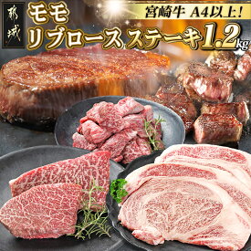 【ふるさと納税】宮崎牛モモ・リブロースステーキ1.2kgセット - ステーキ肉 モモステーキ 赤身肉 サイコロステーキ リブロースステーキ 塩こしょう・ソース付 冷凍 A4 黒毛和牛 お歳暮 送料無料 AD-2510 【宮崎県都城市は2年連続ふるさと納税日本一！】