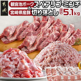 【ふるさと納税】観音池ポークスペアリブ・ミンチ＆宮崎県産豚切り落とし5.1kg - 国産豚肉セット スペアリブ/ミンチ/切り落とし 炒め物 煮込み料理 3種類 詰め合わせセット 観音池ポーク ブランド豚 小分け 送料無料 AC-9220 【宮崎県都城市は2年連続ふるさと納税日本一！】