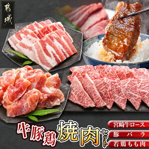 【ふるさと納税】牛・豚・鶏の焼肉セット(宮崎牛ロース肉・豚バラ肉・若鶏もも肉) - 国産 お肉セット 牛肉/豚肉/鶏肉 宮崎県産宮崎牛 ロースまたは肩ロース肉 宮崎県産豚 バラ肉 国産若鶏