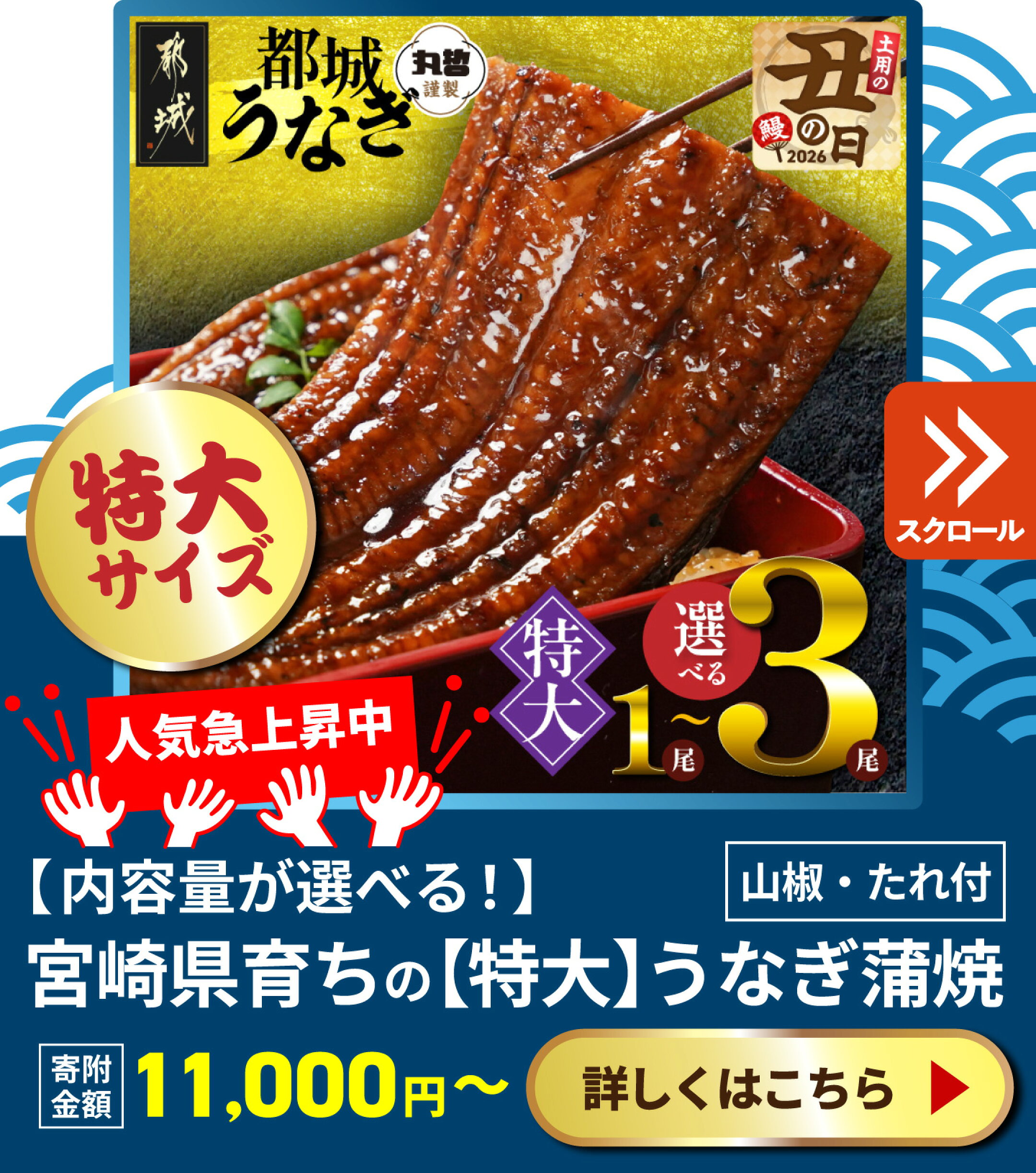 宮崎県育ちの【特大】うなぎ蒲焼 山椒・たれつき