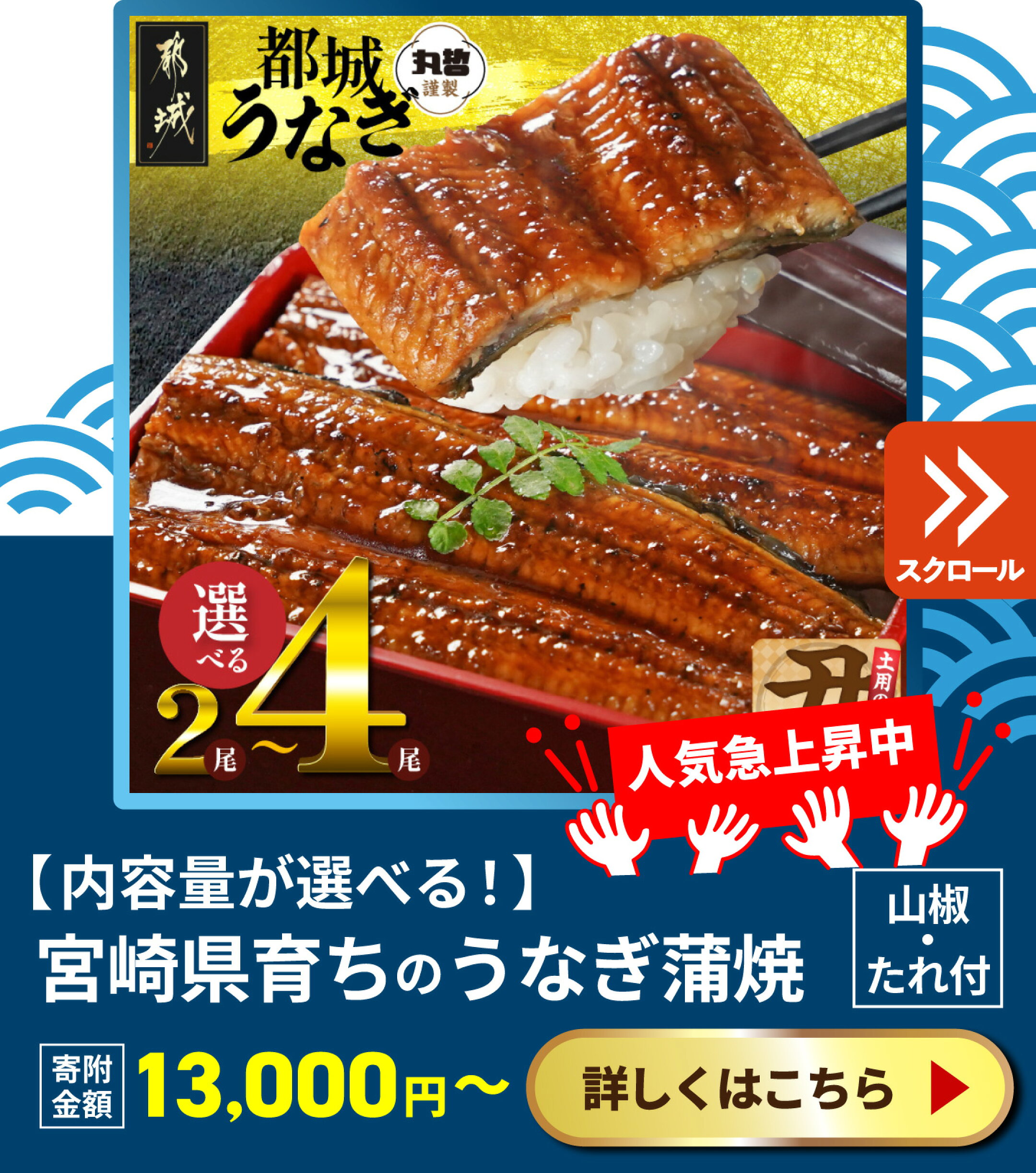 宮崎県育ちのうなぎ蒲焼 山椒・たれつき