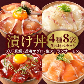 【ふるさと納税】漬け丼 4種 食べ比べ セット 各 100g × 2袋 計 800g ブリ 真鯛 近海マグロ 生アトランティックサーモン 刻み海苔 付 タイ 鮪 サーモン 海鮮 急速冷凍 新鮮 冷凍 保存 流水解凍 自然解凍 タレ 味付き 簡単調理 宮崎県 延岡市 お取り寄せ 送料無料