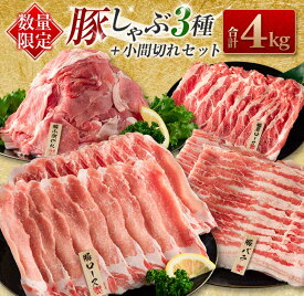 【ふるさと納税】数量限定 豚しゃぶ 3種 小間切れ セット 合計4kg 豚肉 ポーク 人気 豚ロース スライス肉 豚バラ しゃぶしゃぶ サラダ 個包装 小分け 万能食材 おかず お弁当 おつまみ 食べ比べ 詰め合わせ お取り寄せ グルメ おすそ分け 冷凍 お土産 宮崎県 日南市 送料無料