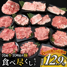 【ふるさと納税】6か月 お楽しみ 定期便 宮崎牛 宮崎県産豚 食べ尽くし セット 総重量12.9kg 数量限定 6回 肉 牛肉 豚肉 国産 食品 黒毛和牛 小分け ロース 豚バラ 小間切れ スライス 焼肉 しゃぶしゃぶ すき焼き おかず 冷凍 おすすめ ギフト 宮崎県 日南市 送料無料