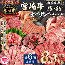 【ふるさと納税】【レビューキャンペーン】＜【定期便全6回連続】宮崎牛と豚・鶏 食べ比べセット 約8.3kg＞ 厳選 サーロイン 肩ロース ミスジ スライス ステーキ 若鶏 もも むね 小間切れ 焼肉 BBQ カレー すき焼き A4ランク ブランド牛 希少部位【MI633-mk】【まきの屋】