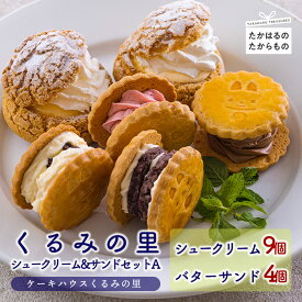 【ふるさと納税】くるみの里シュークリーム&バターサンドセットA（9個&4個） 大人気のクッキーシューと4種の食べ比べが楽しいバターサンドをセットに 一人暮らし 送料無料 会長賞受賞 老舗菓子店 生クリーム カスタード バターサンド スイーツ 洋菓子 チョコ 苺 餡 故郷納税