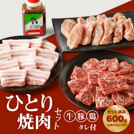【ふるさと納税】一人焼肉セット(牛・豚・鶏)【タレ付き】計600gカット済み - 焼き肉 食べ比べセット バーベキュー 牛肉 豚肉 鶏肉 小分け 詰め合わせ 牛豚鶏 冷凍 牛カルビ 豚バラ肉 鶏もも肉 送料無料 【宮崎県木城町】