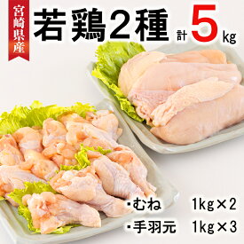 【ふるさと納税】 宮崎県産 若鶏 むね 手羽元 合計5kg 1kg包装 小分け 鶏肉 冷凍 送料無料 炒め物 煮込み 調理 料理 大容量 真空 胸 あっさり ヘルシー 唐揚げ からあげ チキン南蛮 照り焼き 甘辛煮 とり天 ヤンニョム チキン 普段使い 便利 セット 詰め合わせ 2種