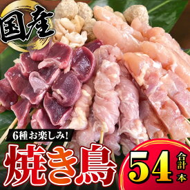 【ふるさと納税】国産 焼き鶏セット(タレ付き) 計54本（せせり串・むね串・もも串・つくね串・皮串・砂肝串　各1本×9パック） 国産の鶏肉を使用 6種 焼鳥セット【株式会社カノミ】