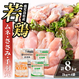 【ふるさと納税】若鶏ムネ肉・手羽元・ささみ(計8kg) 鶏肉 鳥肉 とり肉 ムネ むね肉 手羽元 ささみ 詰め合わせ セット 国産 鹿児島県産 計8kg 安心安全 【まつぼっくり】