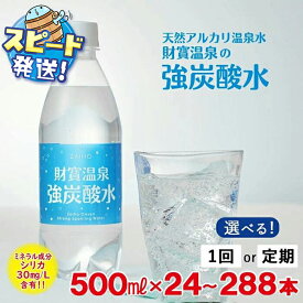 【ふるさと納税】【配送方法が選べる】炭酸水 強炭酸 500ml (通常便：24本or48本/定期便：24本or48本×3〜6回・計72~288本) 強炭酸水 天然アルカリ温泉水 財寶温泉 ペットボトル 国産 シリカ 無糖炭酸水 鹿児島県 垂水市 すぐ届く【財宝】