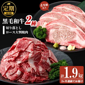 【ふるさと納税】【定期便・全2回】国産 黒毛和牛2種お楽しみ定期便(計1.9kg) 国産 黒毛和牛 切り落とし 4等級 以上 九州産 ロース 大判 焼肉 和牛 牛 牛肉 焼き肉 冷凍 小分け 訳あり 定期便 頒布会【サンキョーミート】t0029-001