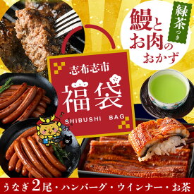 【ふるさと納税】志布志市福袋！鰻とお肉のおかず(名水慈鰻2尾＆里山牛ハンバーグ4個＆黒豚MEGUMIウインナー2P＆お茶セット 総計約1kg) うなぎ 鰻 鹿児島 ハンバーグ 冷凍 ウインナー 黒豚【志布志市観光特産品協会】 b8-036