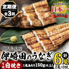 【ふるさと納税】【定期便・全3回】【数量限定】鹿児島県産 伊崎田のうなぎ 白焼き(計6尾/150g以上×2尾を3回お届け！) 鰻 白焼き うなぎ ウナギ 2尾 6尾 国産 九州産 鹿児島県産 冷凍 有頭 おつまみ 薬味 定期便 頒布会【伊崎田養魚場】t0048-001