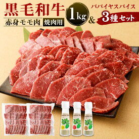 【ふるさと納税】赤身モモ肉 焼肉用(1kg) & パパイヤスパイス(3種) セット 黒毛和牛 牛肉 もも肉 バーベキュー BBQ パパイヤ 調味料 国産 九州産 鹿児島産 徳之島 冷凍 送料無料