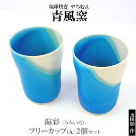 【ふるさと納税】【青風窯：玉田　彰作】海彩（うみいろ）フリーカップ（丸）2個 セット | 人気 おすすめ 送料無料 やきもの 恩納村 海彩 うみいろ 沖縄 琉球 ペア 陶芸 プレゼント カップ 焼き物 陶芸