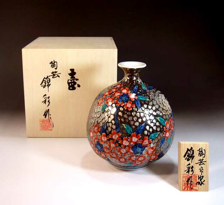 楽天市場】有田焼・伝統工芸・総手描き染錦プラチナ彩桜絵飾り花瓶陶芸 