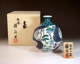 有田焼・伝統工芸・総手描き染錦金彩鴛鴦花絵飾り花瓶陶芸作家 藤井錦彩 作