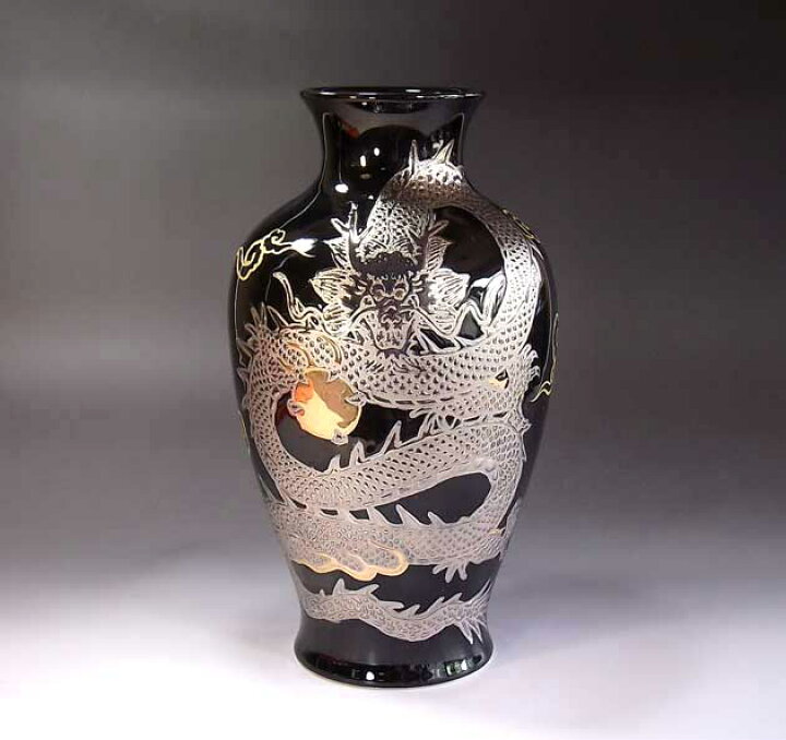 楽天市場】有田焼・伝統工芸・総手描き天目釉金プラチナ彩龍絵飾り花瓶 