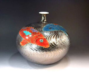 有田焼・伝統工芸・総手描き染錦プラチナ彩流水鯉絵飾り花瓶陶芸作家 藤井錦彩 作