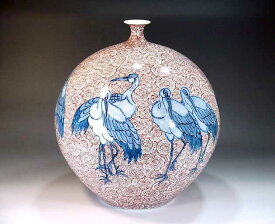 有田焼・伝統工芸・総手描き色鍋島様式紅雲文様鶴絵飾り花瓶陶芸作家 藤井錦彩 作