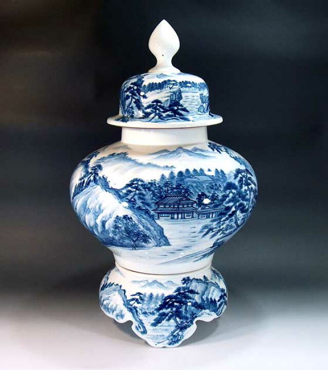 楽天市場】有田焼・伝統工芸・総手描き染付山水画飾り沈香壺陶芸作家 