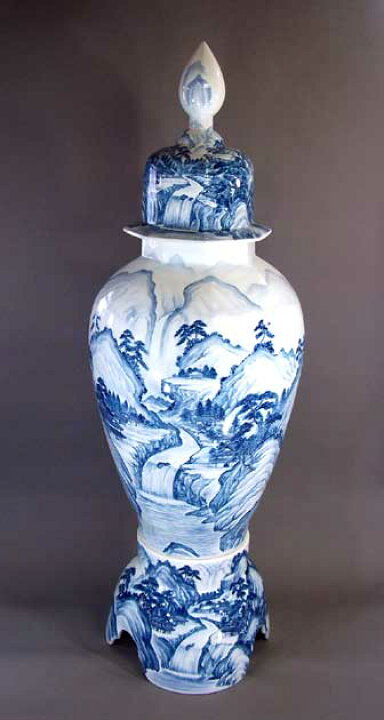 楽天市場】有田焼・伝統工芸・総手描き染付山水画飾り特大八角沈香壺 